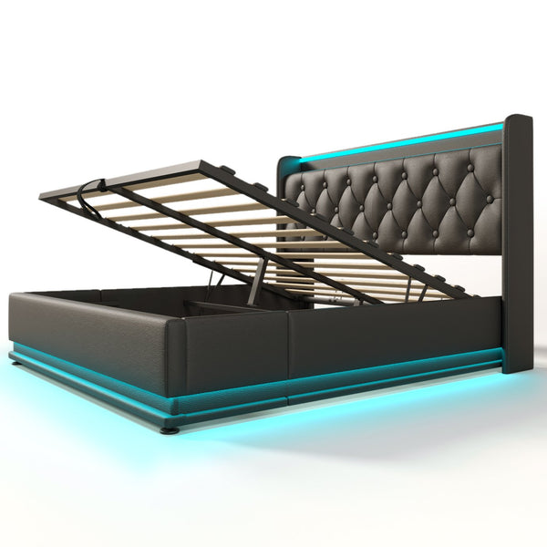 English Elm Queen Upholstered Bed with Surround LED, App/Remote Control, Hydraulic Storage, USB Type-C Charging Black N736P188807B