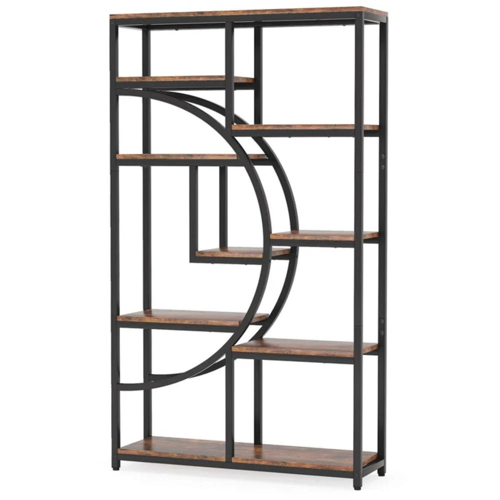 English Elm Geometric Nine Shelf Iron Frame Bookcase Rustic Industrial Freestanding Display Tower T3971P447661