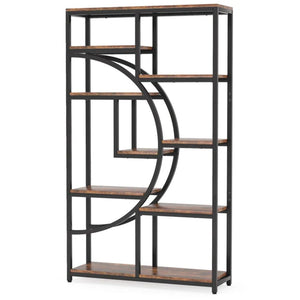 English Elm Geometric Nine Shelf Iron Frame Bookcase Rustic Industrial Freestanding Display Tower T3971P447661