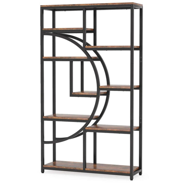 English Elm Geometric Nine Shelf Iron Frame Bookcase Rustic Industrial Freestanding Display Tower T3971P447661