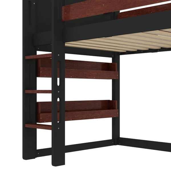 English Elm Full Size Pine Loft Bed House Frame with Slide Bookshelves and Moon Star Rails W1580S00311