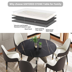 English Elm 53" Round Marble Dining Table For 6 - Elegant Silver Base, Sintered Stone Top, Modern Design W1535S00387