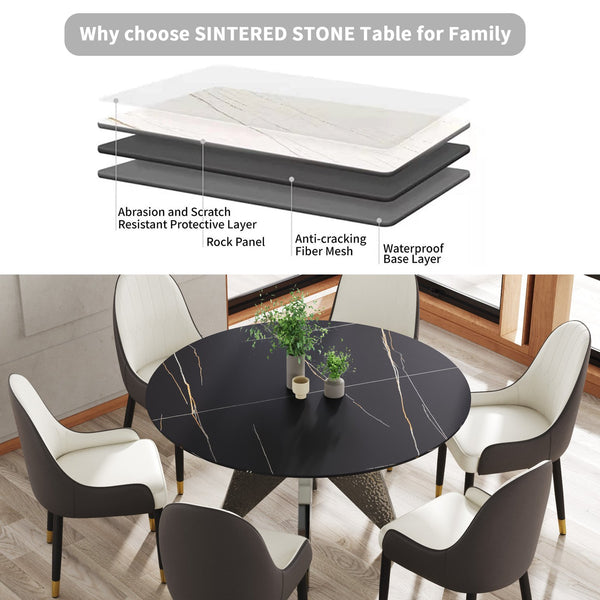 English Elm 53" Round Marble Dining Table For 6 - Elegant Silver Base, Sintered Stone Top, Modern Design W1535S00387