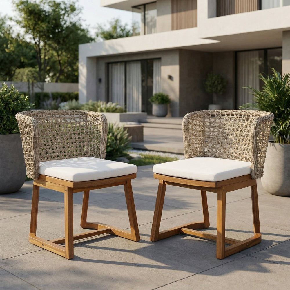 English Elm Outdoor Acacia Wood Patio Dining Chairs Set of 2 Wicker Back with Cushioned Seat N773P306706B