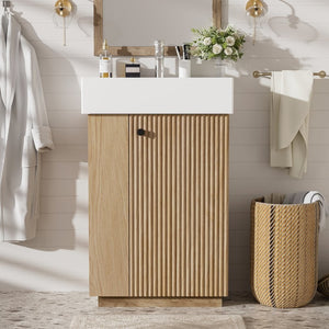English Elm [video]21.6" Freestanding Bathroom Vanity Ceramic Sink Wavy Door Mdf Cabinet Small Bath Wood N729P285503N
