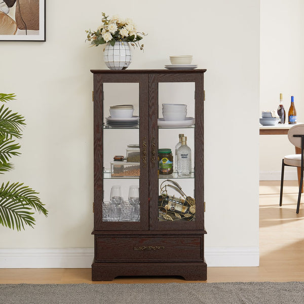 English Elm Lighted Glass Curio Cabinet - Elegant 2-Door Display With Adjustable Shelves & Integrated Lighting, Cherry W1758P300116
