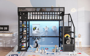 English Elm Full Metal Loft Bed with Stair Storage Rgb Lighting and Charging Station for Teens Black W2580S00074