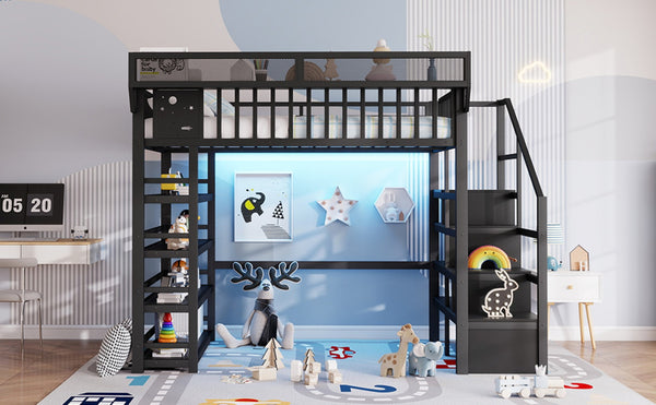 English Elm Full Metal Loft Bed with Stair Storage Rgb Lighting and Charging Station for Teens Black W2580S00074