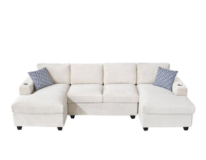 English Elm Multifunctional Corduroy Modular Sectional with Dual Chaise Cup Holders Living Room Beige B2730S00073