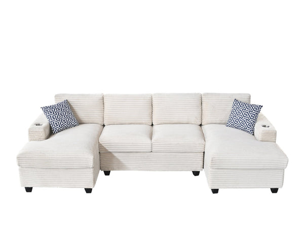 English Elm Multifunctional Corduroy Modular Sectional with Dual Chaise Cup Holders Living Room Beige B2730S00073