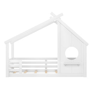 English Elm Twin House Bed Low Profile Pine Wood Frame with Shelf Montessori Kids Floor Sleeping White W5305P429642
