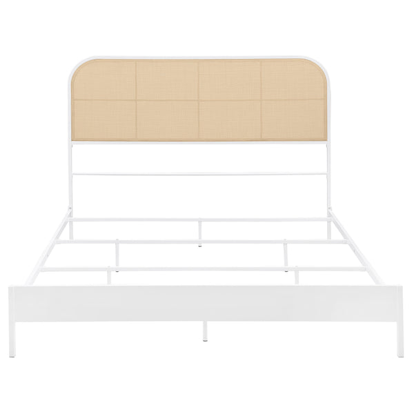English Elm Kenneth White Radio Weave Queen Bed with Coastal White Metal Frame, Rattan Headboard Texture, Sturdy Powder-Coated Design B062P374089