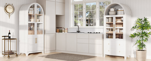 English Elm K&K Arched 71" Kitchen Pantry Cabinet with Glass Doors, Brass Handles, Adjustable Shelves & Drawer White N707P288969W