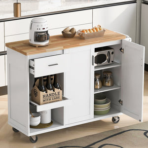English Elm K&K Kitchen Island with Foldable Countertop, Spacious Mobile Storage Cart, Soft-Close Doors, Durable Rubberwood Top and Locking Wheels White N707P173036W