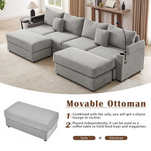English Elm 123.2" Modular 4-seater Sectional Sofa with Hidden Storage, USB Ports, Cup Holders, Plush Corduroy Grey N719S001614E