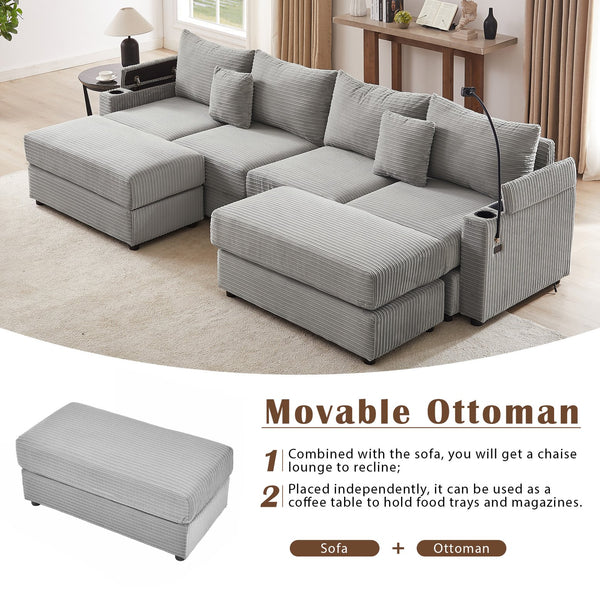 English Elm 123.2" Modular 4-seater Sectional Sofa with Hidden Storage, USB Ports, Cup Holders, Plush Corduroy Grey N719S001614E