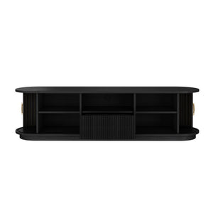 English Elm Vintage Farmhouse Media Console with Slatted Sliding Doors and Brass Hardware for Living Room Black N721P427206B