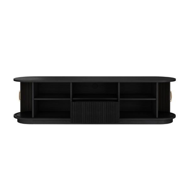 English Elm Vintage Farmhouse Media Console with Slatted Sliding Doors and Brass Hardware for Living Room Black N721P427206B