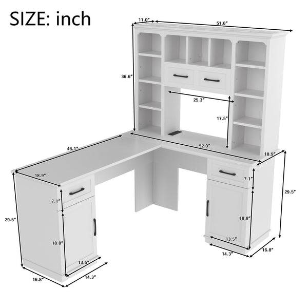 English Elm L-Shaped Corner Desk with 3 Cabinets, 2 Drawers & 11 Shelves, Built-In Power Outlet for Home Office White W1580S00188