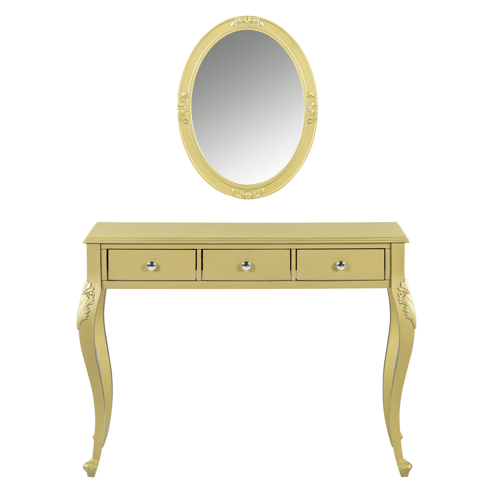 English Elm Luxury Makeup Vanity Desk with Oval Mirror and Engraved Floral Frame, Velvet Jewelry Tray, Durable Drawers and Elegant Console for Bedroom & Living Room Decor Gold N844P292481G
