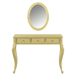 English Elm Luxury Makeup Vanity Desk with Oval Mirror and Engraved Floral Frame, Velvet Jewelry Tray, Durable Drawers and Elegant Console for Bedroom & Living Room Decor Gold N844P292481G