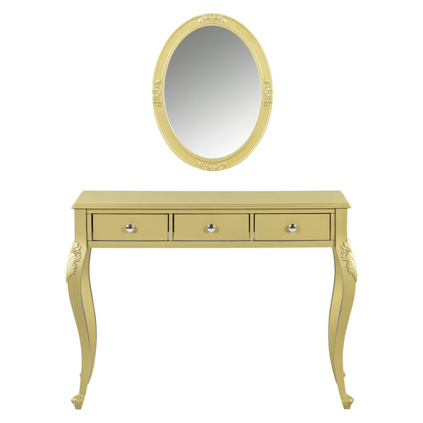 English Elm Luxury Makeup Vanity Desk with Oval Mirror and Engraved Floral Frame, Velvet Jewelry Tray, Durable Drawers and Elegant Console for Bedroom & Living Room Decor Gold N844P292481G