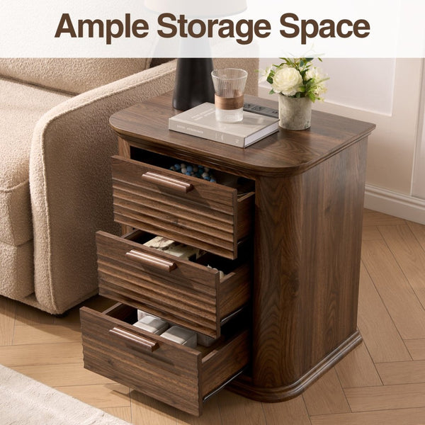 English Elm 22" Fluted Wood Nightstand with Built-in Charging Station Three Drawer Bedside Storage T5326P431148