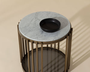 Sunpan Naxos Side Table - Elegant Carrara Marble & Smoked Glass Design with Rustic Bronze Frame for Luxury Spaces