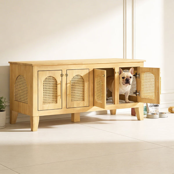 English Elm Lars Rubberwood Rattan Dog Crate Cabinet Stylish Pet Kennel for Living Room Natural N775P397560N