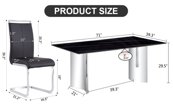 English Elm Table With Glass Top & 6 Black Pu Chairs - Modern Marble Design, Stainless Steel Legs, Easy Clean W1151S02608-GIGA