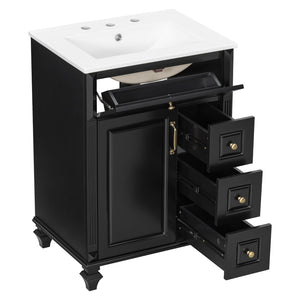 English Elm 24 Inch Freestanding Bathroom Vanity Solid Rubberwood Ceramic Sink Matte Finish Storage Black N725P375626B