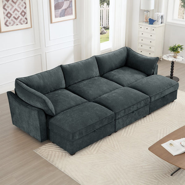 English Elm 3 Seater Sofa With 3 Ottomans - Stylish Chenille Modular Sofa With Storage Drawers For Living Room W3041S00198