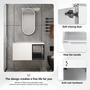 English Elm 36" Floating Bathroom Vanity Glossy White Frosted Glass Soft Close Plywood Cabinet W999P387170