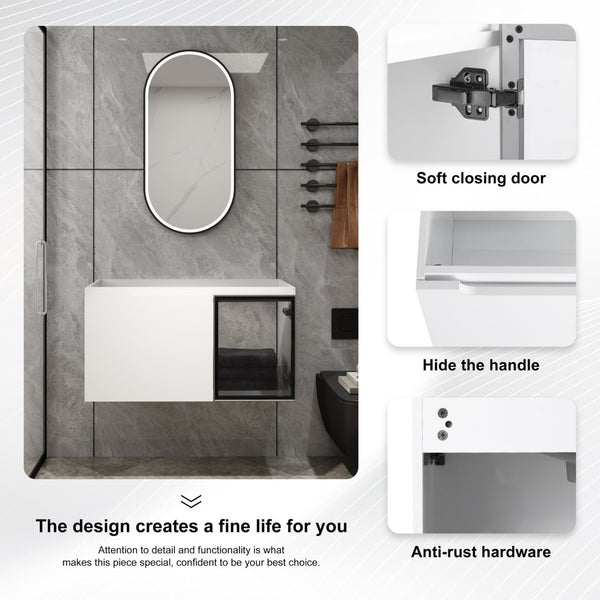 English Elm 36" Floating Bathroom Vanity Glossy White Frosted Glass Soft Close Plywood Cabinet W999P387170