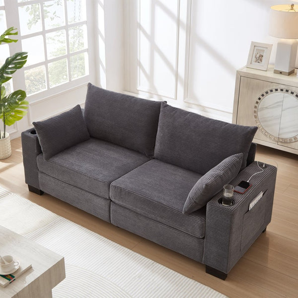 English Elm 78"corduroy Plush Three Seat Sofa with Usb Ports Cup Holders Deep Cushions Apartment Gray W3705P455918