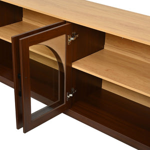 English Elm Farmhouse Media Console with Arched Glass Doors Wood Grain Two Tone Living Room Storage Walnut N721P411204P