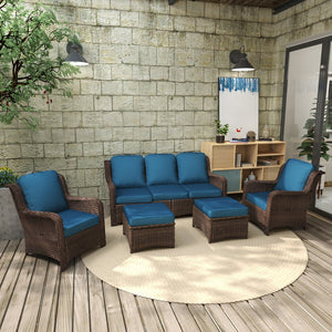 English Elm Patio Rattan Outdoor Sectional Set with 3-Seat Sofa, 2 Chairs & 2 Ottomans Cushioned Comfort Brown Grey,Peacock Blue W1710S00257