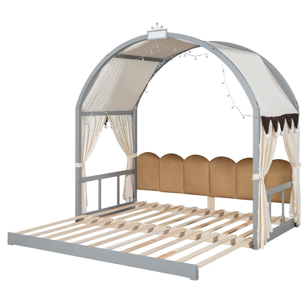 English Elm Twin Pinewood Ground-Level Canopy Bed with Arched Roof and Trundle for Kids—Whimsical, Sturdy Design Gray N820P181648E