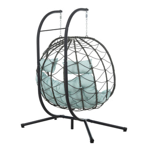 English Elm 2 Person Wicker Hanging Egg Chair with Freestanding Stand Outdoor Patio Swing Seat Blue W1703P444372