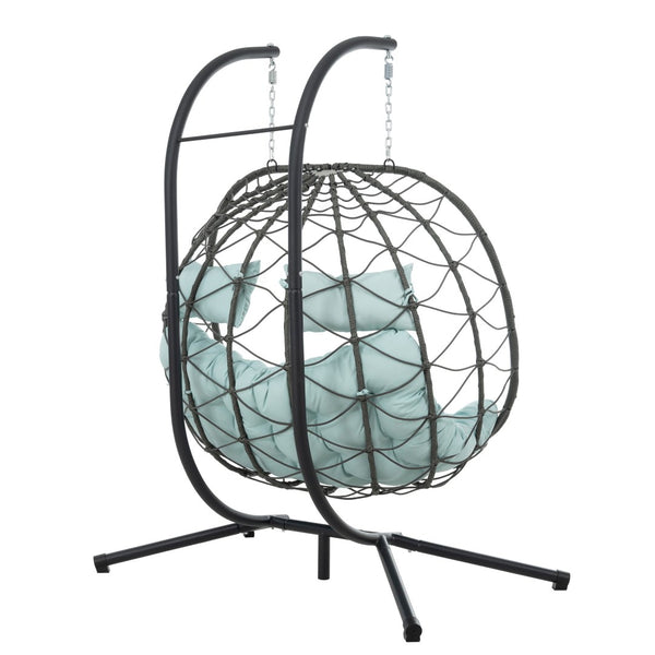 English Elm 2 Person Wicker Hanging Egg Chair with Freestanding Stand Outdoor Patio Swing Seat Blue W1703P444372