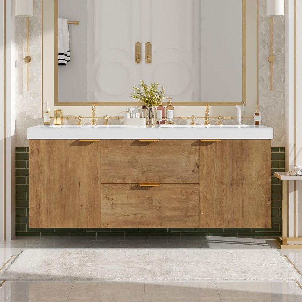 English Elm [video]59.3 Inch Wall Mounted Double Sink Vanity Wood Grain Mdf Soft Close Storage N729P000027N