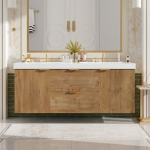 English Elm [video]59.3 Inch Wall Mounted Double Sink Vanity Wood Grain Mdf Soft Close Storage N729P000027N