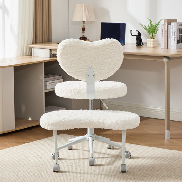 English Elm Artificial Rabbit Hair Cross Legged Desk Chair with Lumbar Support and Swivel Footrest Beige W1143P403571