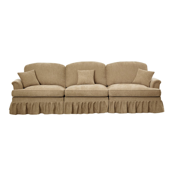 English Elm Elegant Mid Century 3-Seater Sofa With Flared Arms & Ruffled Skirts, Versatile Chenille Couch In Light Coffee W3041S00244
