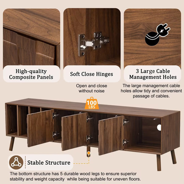 English Elm 68" Mid-century Walnut Media Console with Open Shelves and Soft-close Cabinet Storage N710P446195P