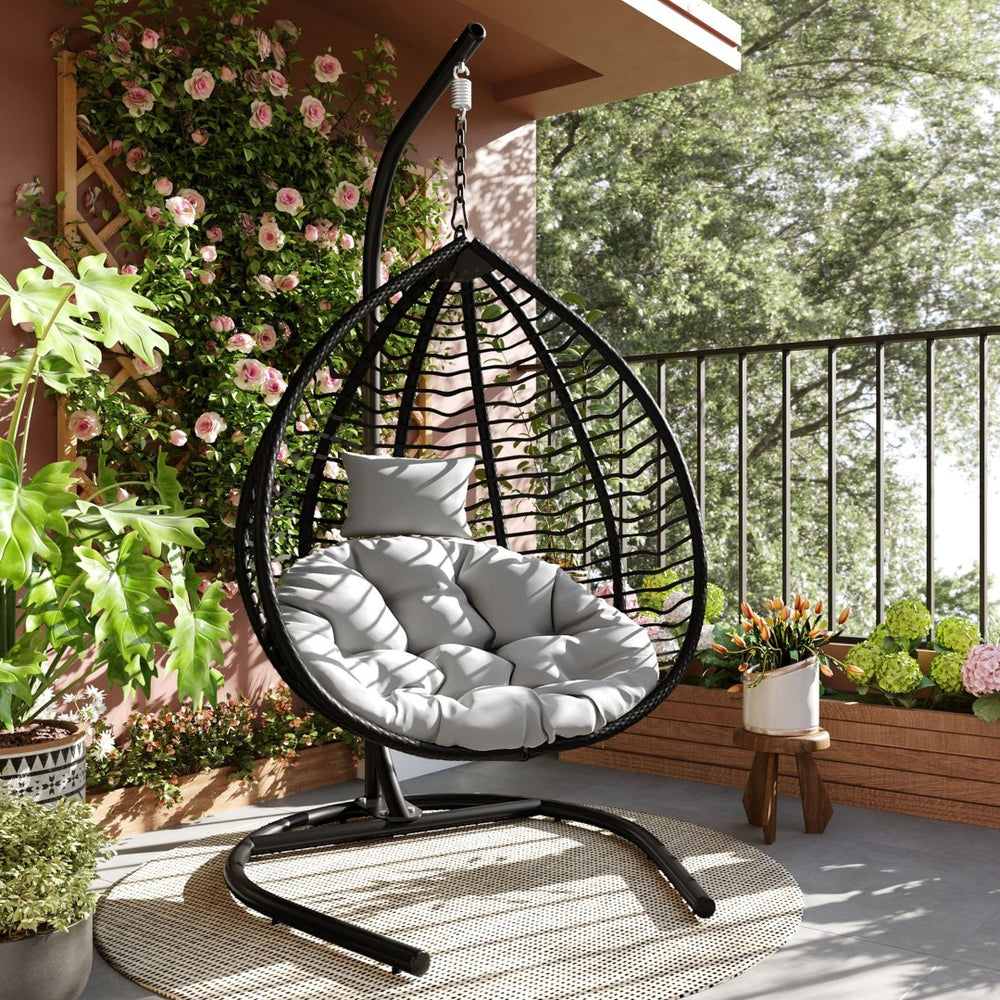 English Elm U_style Wicker Hanging Egg Chair with Stand Foldable Indoor Outdoor Swing Seat Black+ Gray N711P389502E