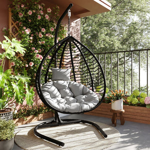 English Elm U_style Wicker Hanging Egg Chair with Stand Foldable Indoor Outdoor Swing Seat Black+ Gray N711P389502E