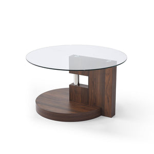 English Elm Modern Round Glass Top Coffee Table with Wood Mdf Base and Open Lower Shelf Walnut,Warm Grey W1117P272167