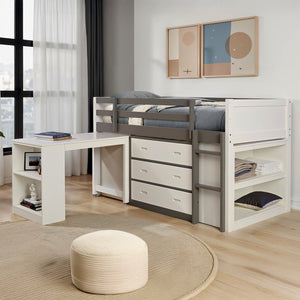 English Elm Contemporary Twin Bunk Bed With Shelves & Nesting Desk, 3 Drawers - Space-Saving White & Gray Design B2741S00691