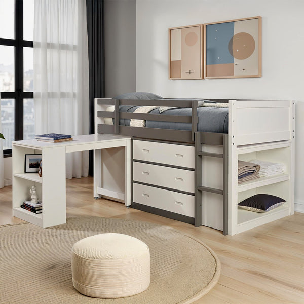 English Elm Contemporary Twin Bunk Bed With Shelves & Nesting Desk, 3 Drawers - Space-Saving White & Gray Design B2741S00691